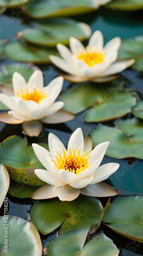 Serene Water Lilies on a Teal Pond
