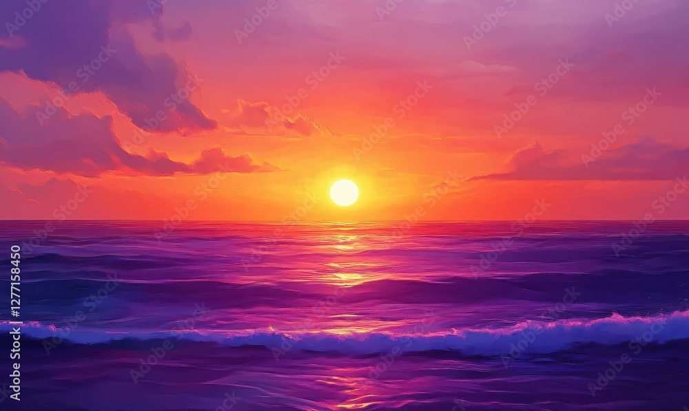 Obraz premium Abstract sunset over a calm ocean with bold strokes of orange and purple blending seamlessly. Vibrant tones evoke relaxation and beauty,