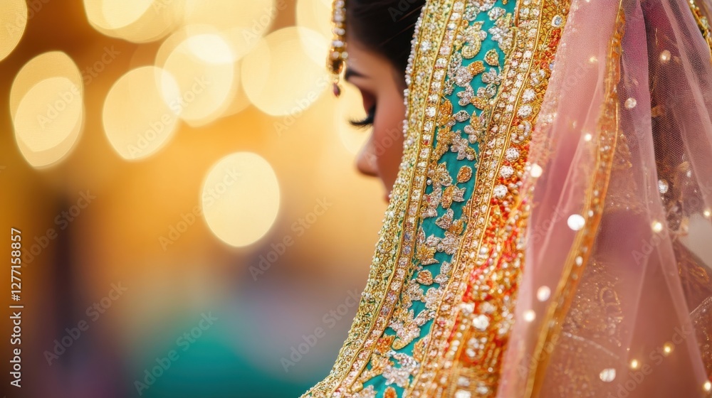 Naklejka premium Elegant bride in ornate traditional attire with vibrant colors