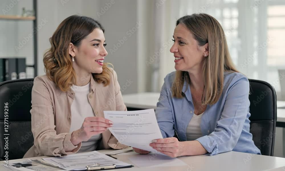 Two professional women engage in a productive conversation about key documents while seated at a sleek office workspace. Their collaboration highlights teamwork and communication skills Two professional women engage in a productive conversation about key documents while seated at a sleek office workspace. Their collaboration highlights teamwork and communication skills
