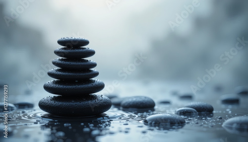 A Stack of Smooth Black Stones with Water Droplets, Symbolizing Spa, Relaxation, and Zen Balance
