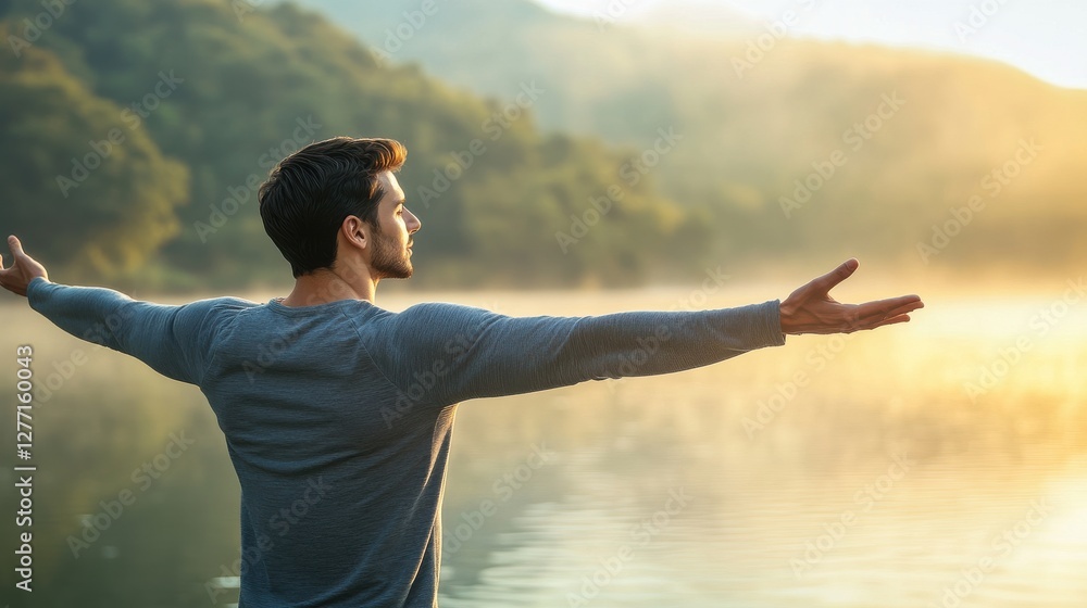 Man Embracing Nature by Calm Lake in the Early Morning Light Man Embracing Nature by Calm Lake in the Early Morning Light