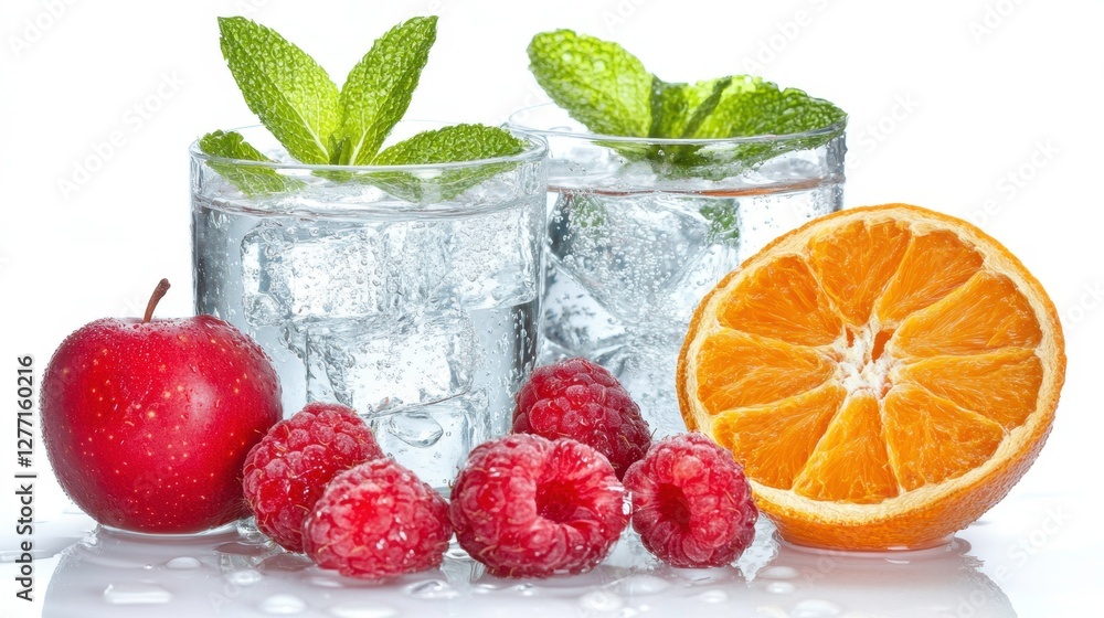 Refreshing fruit and mint infused drinks in elegant glassware bright setting high-quality photography Refreshing fruit and mint infused drinks in elegant glassware bright setting high-quality photography