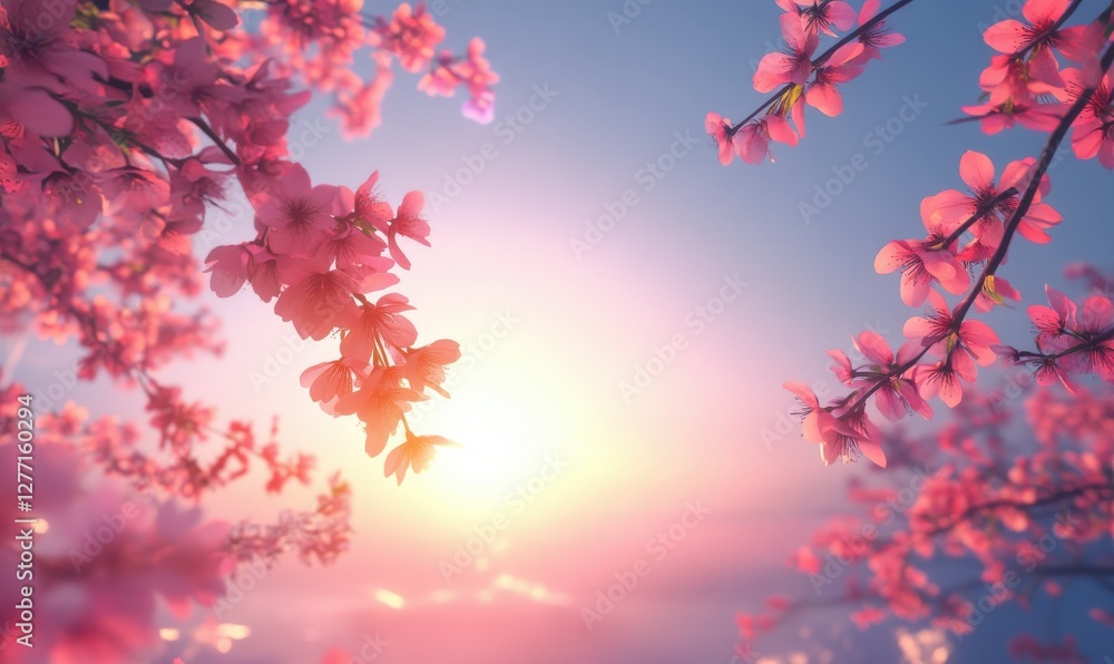 Blooming cherry blossom tree branches under a bright spring sky, delicate pink petals standing out beautifully
