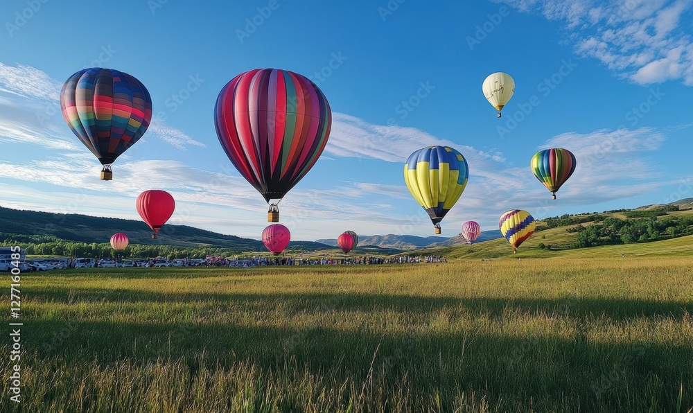 Naklejka premium Brightly colored balloons floating joyfully in an open field under a clear blue sky, evoking celebration and happiness