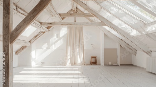 Empty room with a high ceiling made of wooden beams and white walls. the room has a large window on the right side  allowing natural light to enter the space.