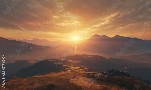 Wallpaper Mural Peaceful mountain landscape at sunrise, golden light casting long shadows over the rolling hills. Torontodigital.ca