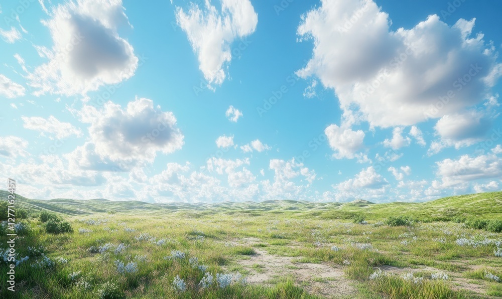 Bright blue sky filled with fluffy white clouds, soft natural light capturing the peaceful beauty of a serene and open landscape Bright blue sky filled with fluffy white clouds, soft natural light capturing the peaceful beauty of a serene and open landscape