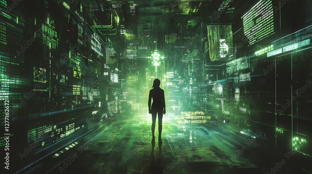 Digital Frontier: A lone figure stands in the neon-lit core of a vast digital network, gazing into a world of complex data streams and futuristic interfaces. Digital Frontier: A lone figure stands in the neon-lit core of a vast digital network, gazing into a world of complex data streams and futuristic interfaces.