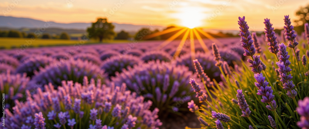 Obraz premium Lavender fields glowing under a golden sunset, creating a serene and tranquil atmosphere, symbolizing relaxation and stress relief