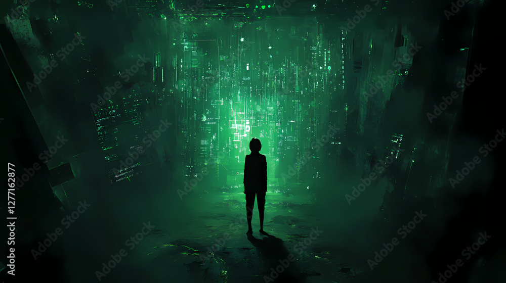 Fototapeta premium Awe-Inspiring Metropolis: A lone figure stands, dwarfed by a futuristic cityscape glowing with neon green. The image encapsulates themes of technology, urban exploration.