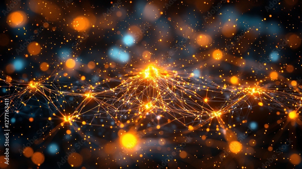 Obraz premium Abstract network, digital connection, dark background, glowing particles