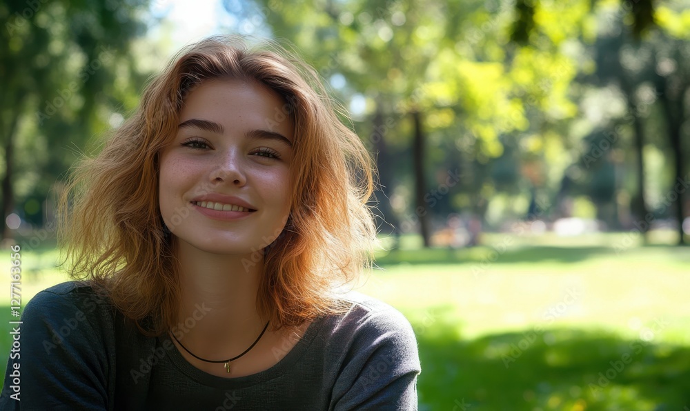 Young woman smiling in sunny park, surrounded by green trees. Young woman smiling in sunny park, surrounded by green trees.
