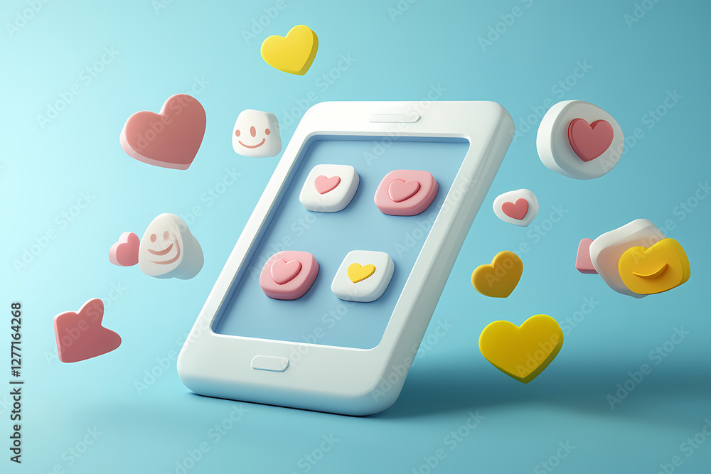 Digital Heartfelt Moments: A minimalist smartphone, adorned with hearts and emoticons, floats against a serene blue backdrop, conveying connectivity and affection. Digital Heartfelt Moments: A minimalist smartphone, adorned with hearts and emoticons, floats against a serene blue backdrop, conveying connectivity and affection.