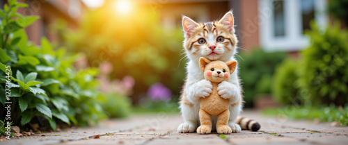 Playful tabby kitten hugging a plush toy with a joyful expression in a sunlit garden setting photo