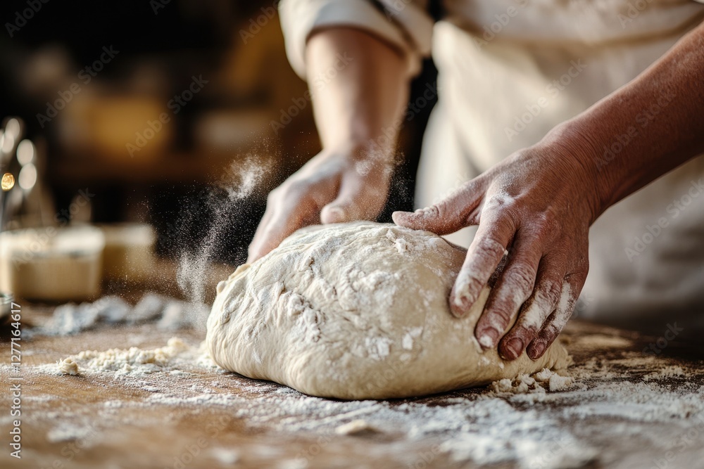 Fototapeta premium Caucasian adult making bread dough with flour on wooden surface in artisan kitchen