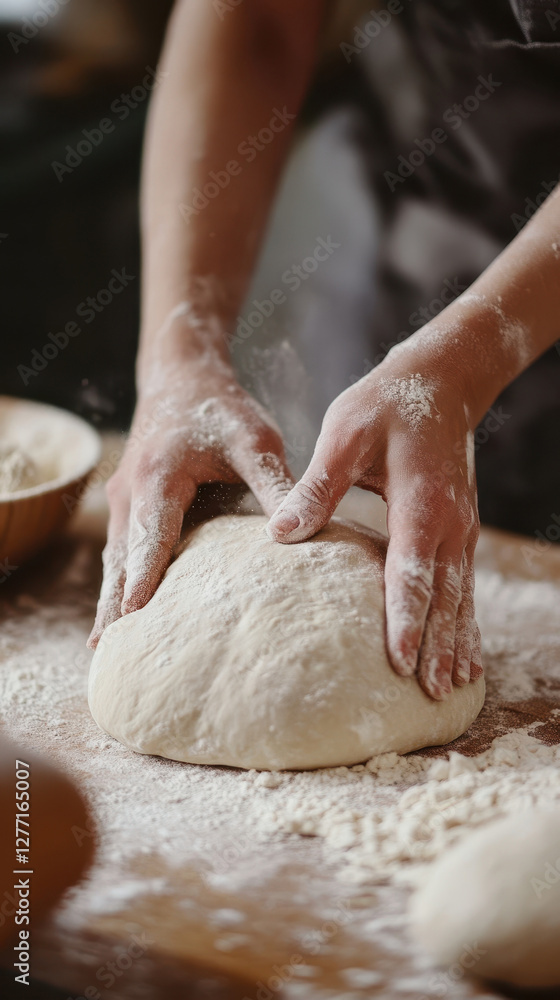 Person kneading dough on floured surface in kitchen baking scene Person kneading dough on floured surface in kitchen baking scene
