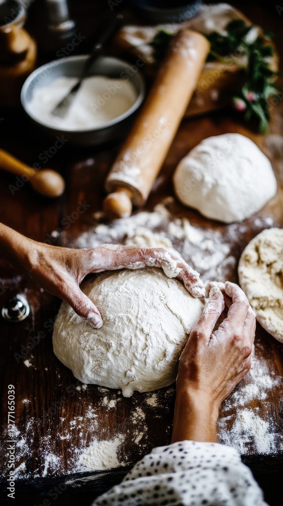 Fototapeta premium Female adult preparing dough on wooden surface with ingredients and utensils