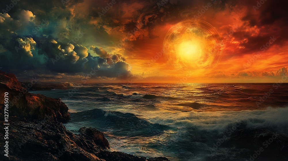 Dramatic sunset over ocean with fiery sky and dark clouds. Dramatic sunset over ocean with fiery sky and dark clouds.