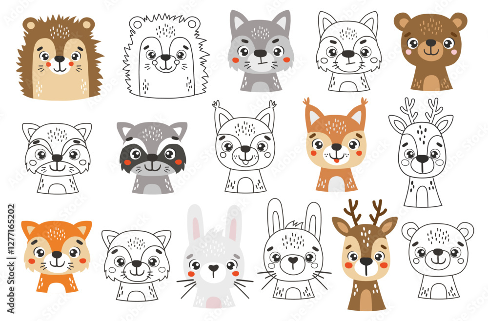 Fototapeta premium Wild animals set isolated, cute forest animals, kids vector cartoon