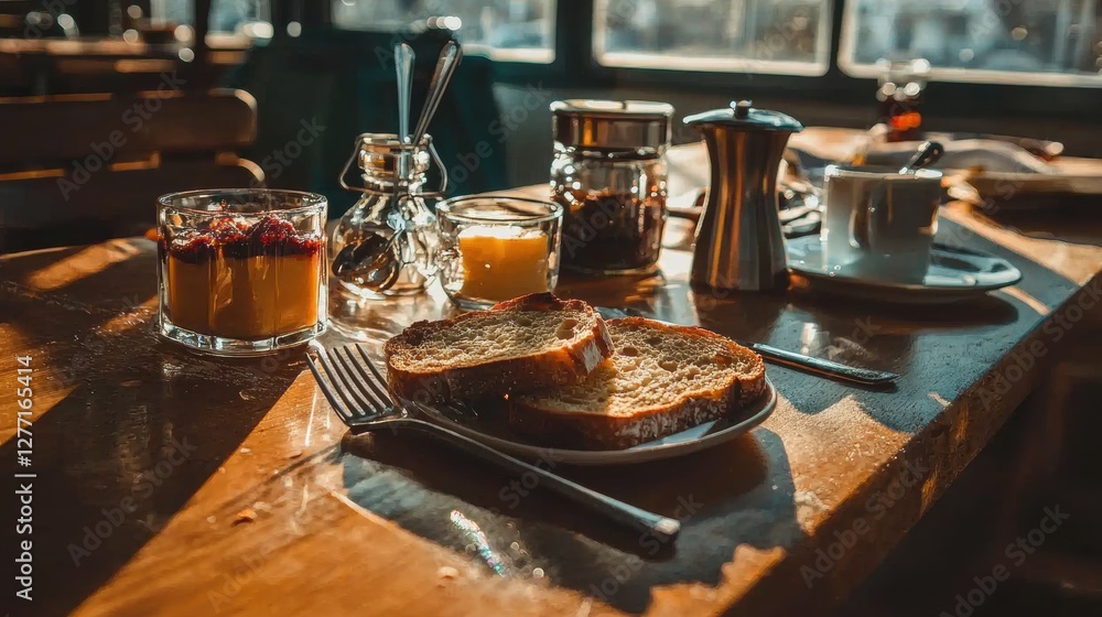 Wooden table in a restaurant with a variety of food items on it. on the left side of the table, there is a glass of orange juice with a spoon in it. Wooden table in a restaurant with a variety of food items on it. on the left side of the table, there is a glass of orange juice with a spoon in it.