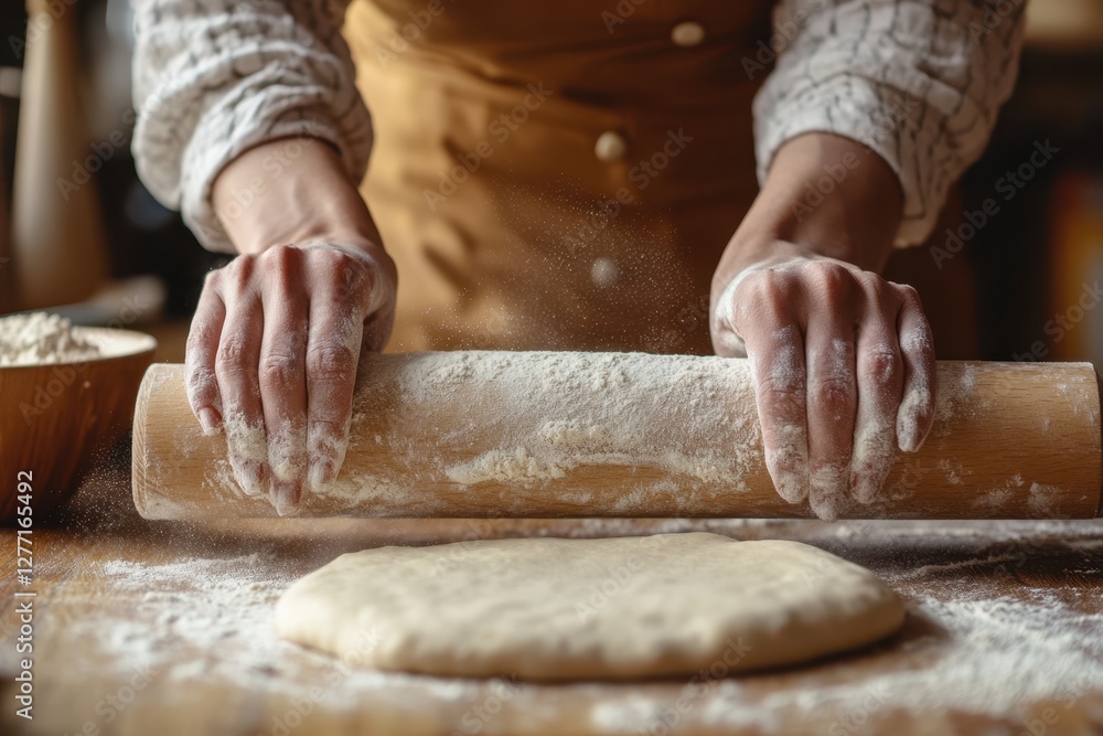 Female baker rolling dough on wooden surface in rustic kitchen setting Female baker rolling dough on wooden surface in rustic kitchen setting