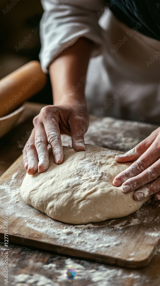 Close-up of hands kneading dough on floured surface in rustic kitchen Close-up of hands kneading dough on floured surface in rustic kitchen