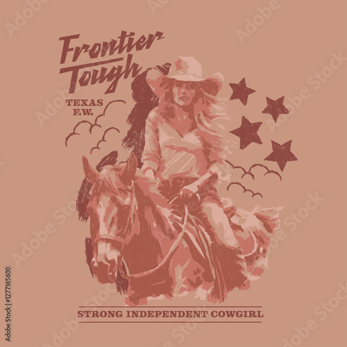 HAND DRAWN COWGIRL HORSE EQUINE RIDER FEMALE WOMAN GIRL COWBOY WESTERN WILD WEST VINTAGE TSHIRT TEE PRINT FOR APPAREL MERCHANDISE