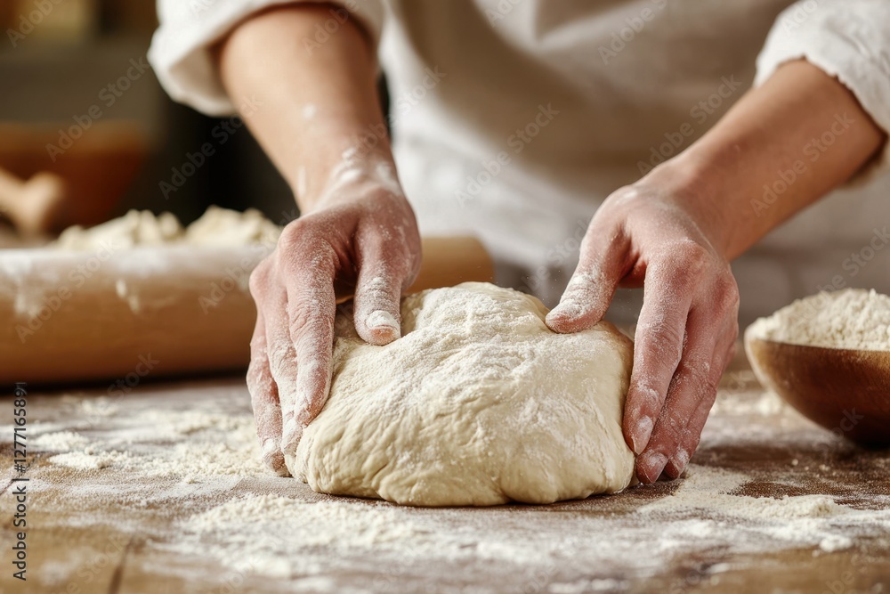 Close-up of hands kneading dough in a rustic kitchen setting Close-up of hands kneading dough in a rustic kitchen setting