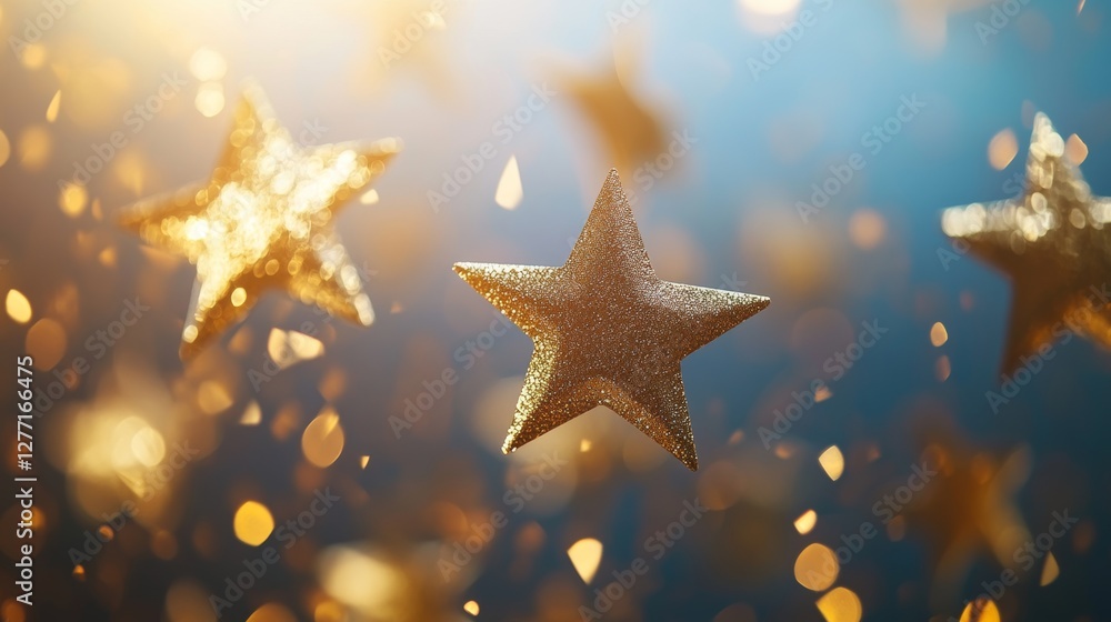 Glittering golden stars float against a dreamy blue background creating a magical atmosphere during festive celebrations Glittering golden stars float against a dreamy blue background creating a magical atmosphere during festive celebrations
