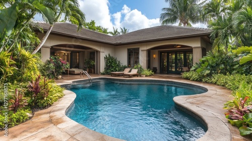 Wallpaper Mural A serene poolside retreat surrounded by lush greenery and tropical plants. Torontodigital.ca