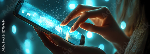 Digital Connection: A person interacts with a glowing mobile phone, their fingers dancing across the screen, amidst a backdrop of illuminated orbs, capturing the essence of modern technology. 