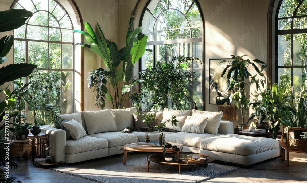 Fototapeta premium Elegant living room with a light gray sofa, indoor plants, and natural sunlight streaming through large windows for a cozy and modern interior,