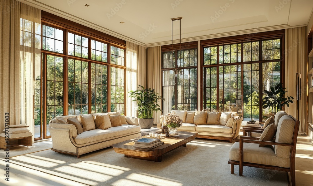 Fototapeta premium Elegant living room with wooden furniture, neutral-toned decor, and large windows letting in soft daylight.