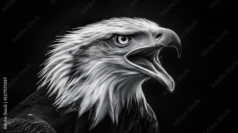 A visually arresting black and white close-up of an eagle mid-screech, its beak open wide and eyes sharp with focus A visually arresting black and white close-up of an eagle mid-screech, its beak open wide and eyes sharp with focus