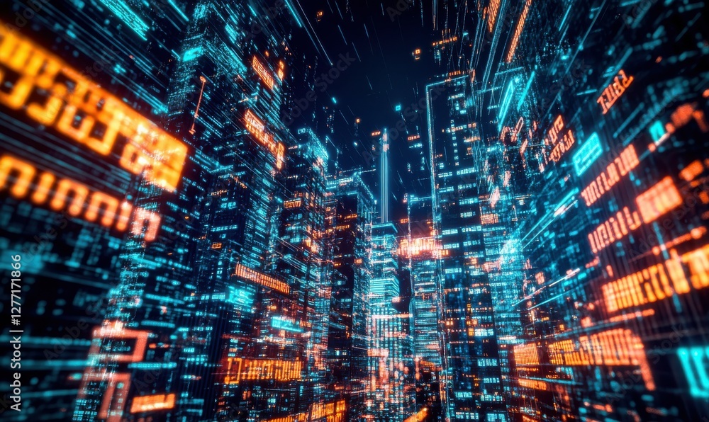 Digital futuristic cityscape surrounded by vibrant data streams, glowing skyscrapers reflecting bright neon light, advanced tech theme with bold clean design