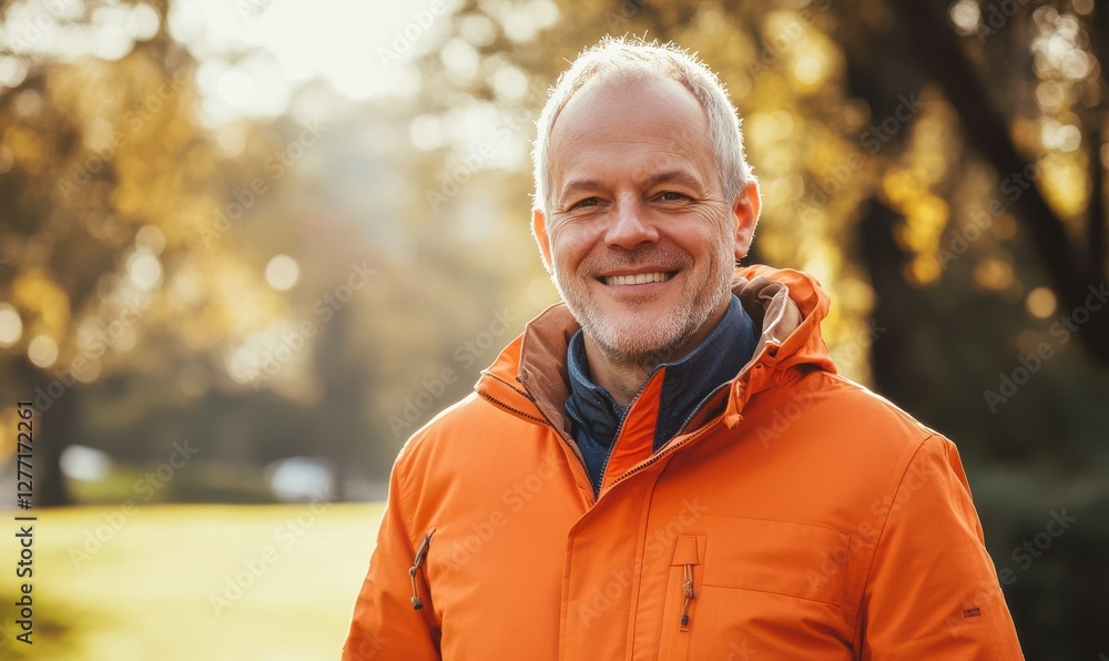 Friendly middle-aged man in an orange jacket standing casually with a bright smile, soft natural light emphasizing his warm and welcoming demeanor, Friendly middle-aged man in an orange jacket standing casually with a bright smile, soft natural light emphasizing his warm and welcoming demeanor,
