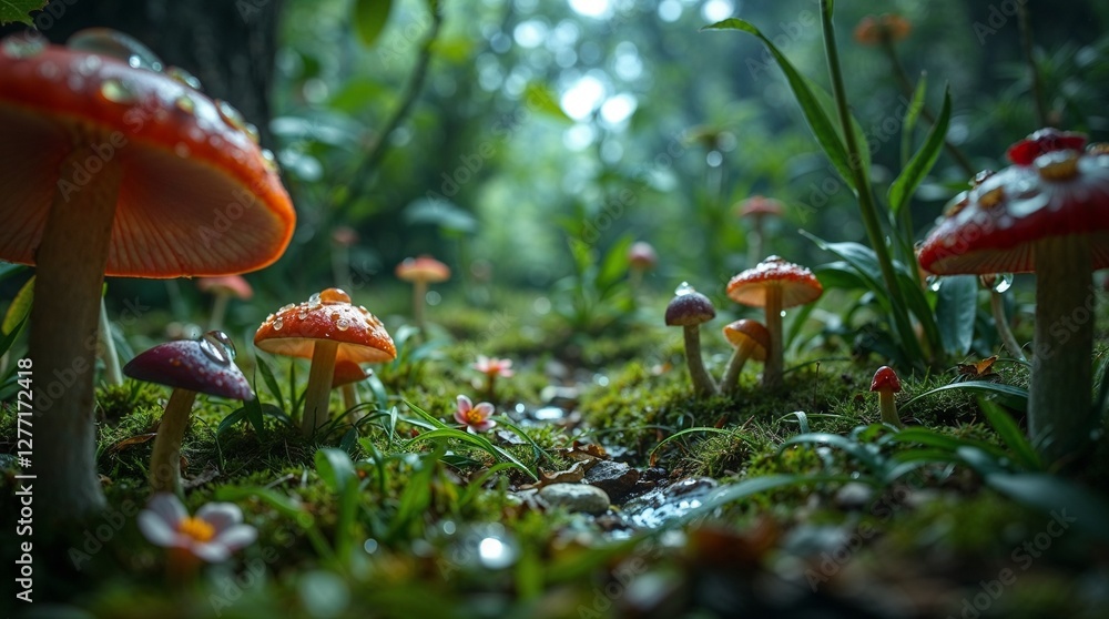 a whimsical fairy garden with colorful mushrooms and sparkling dew drops, rendered in bright, vibrant colors with epic lens glow lighting a whimsical fairy garden with colorful mushrooms and sparkling dew drops, rendered in bright, vibrant colors with epic lens glow lighting