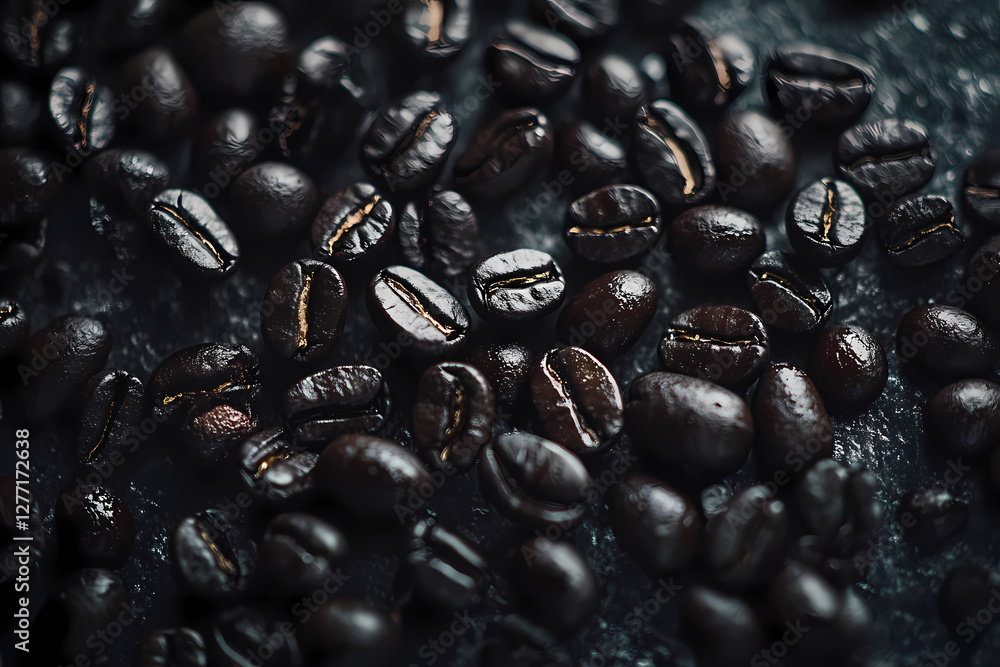 Roasted Coffee Beans Close-Up: Aromatic, roasted coffee beans, rich in detail and texture, are scattered across a dark, textured surface. Roasted Coffee Beans Close-Up: Aromatic, roasted coffee beans, rich in detail and texture, are scattered across a dark, textured surface.