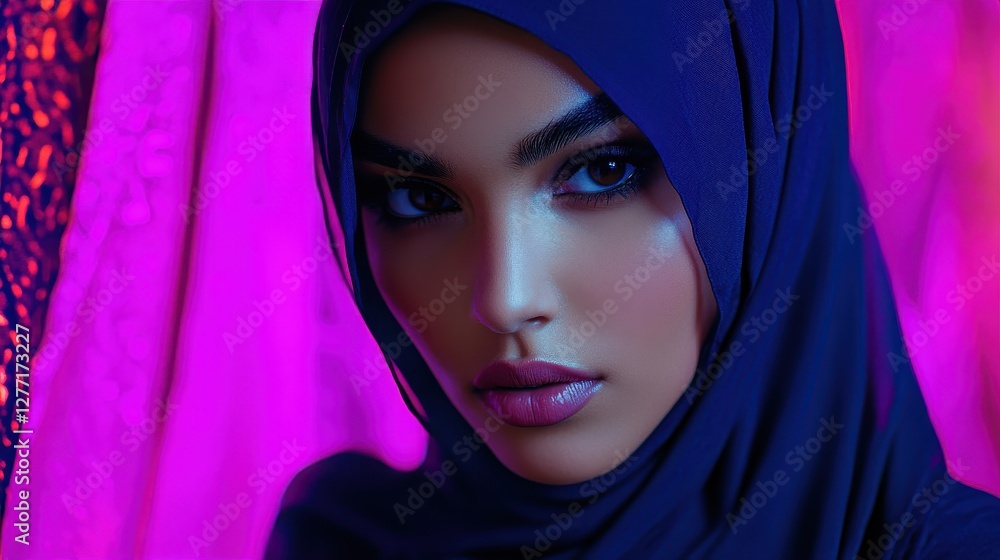 Naklejka premium Portrait of a Young Woman in Hijab with Vibrant Background Colors