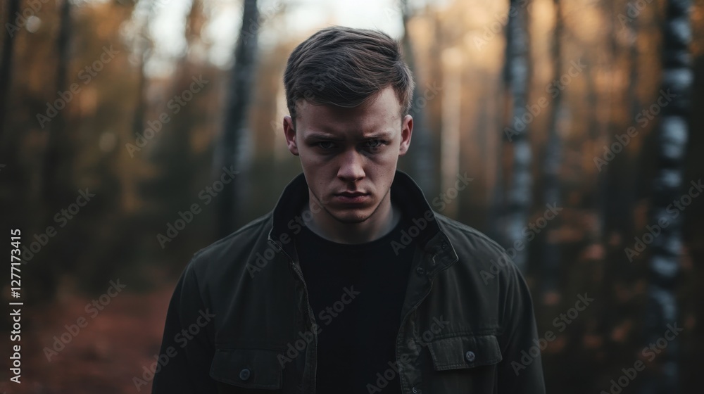Thoughtful Young Man in Dark Jacket Stands in Autumn Forest Thoughtful Young Man in Dark Jacket Stands in Autumn Forest