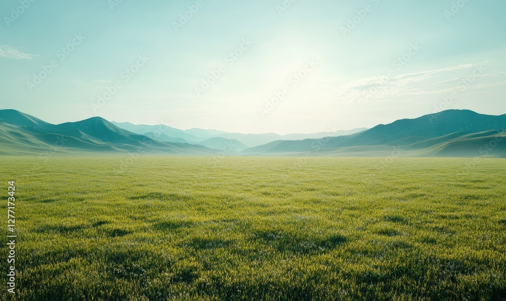 Obraz premium Expansive green meadow glowing under warm sunlight, with soft shadows and vibrant natural textures creating a tranquil outdoor scene,