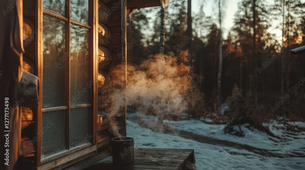 Wooden cabin in the woods during sunrise or sunset. the cabin has a large window on the left side and a wooden deck on the right side. Wooden cabin in the woods during sunrise or sunset. the cabin has a large window on the left side and a wooden deck on the right side.