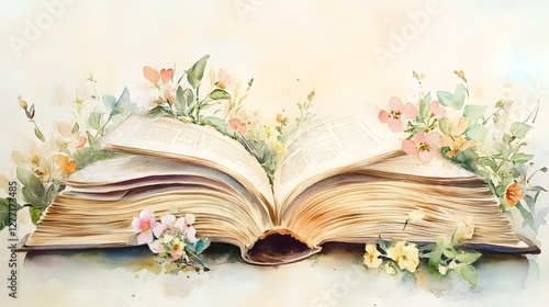 Serene Watercolor Open Book with Delicate Floral Embellishments