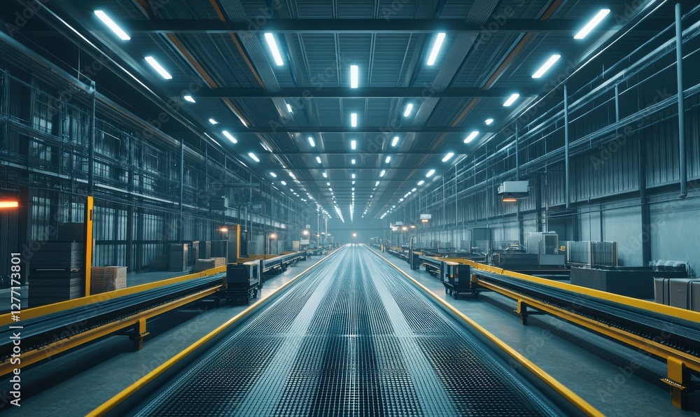 Fototapeta premium Factory interior with long conveyor belts, bright ceiling lights, and metal structures creating a futuristic industrial atmosphere.