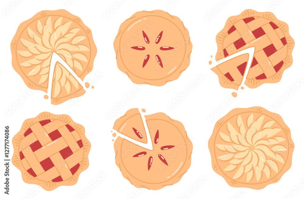 Set of cartoon pies with cherries and apples. Flat vector illustration. Set of cartoon pies with cherries and apples. Flat vector illustration.