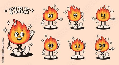 Set of groovy fire characters in retro style. Flat vector illustration.