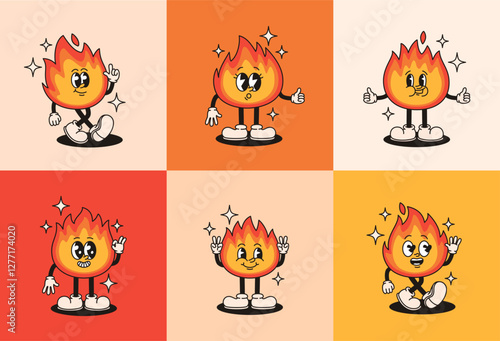 Set of groovy fire characters. Flat vector illustration.