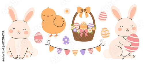 Set of elements for Easter. Bunnies, basket of flowers, Easter eggs, chicken, flags. Flat vector illustration.
