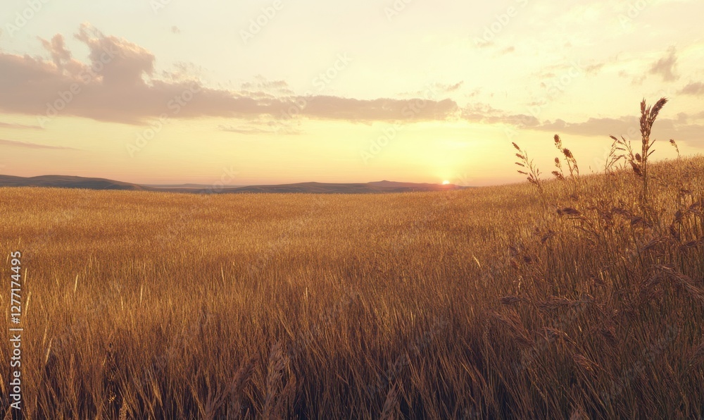Obraz premium Golden wheat fields bathed in the warm glow of sunset, the horizon blending into soft pastel skies, a serene rural landscape with rich agricultural textures,